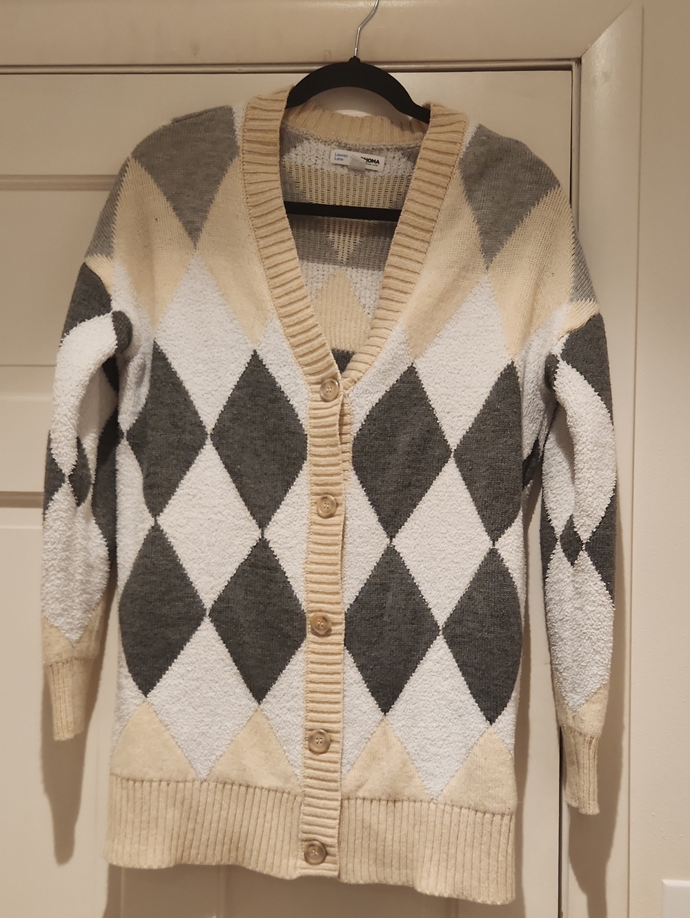 Sonoma Argyle Button-Front Cardigan in Cream, Gray, White Size M
